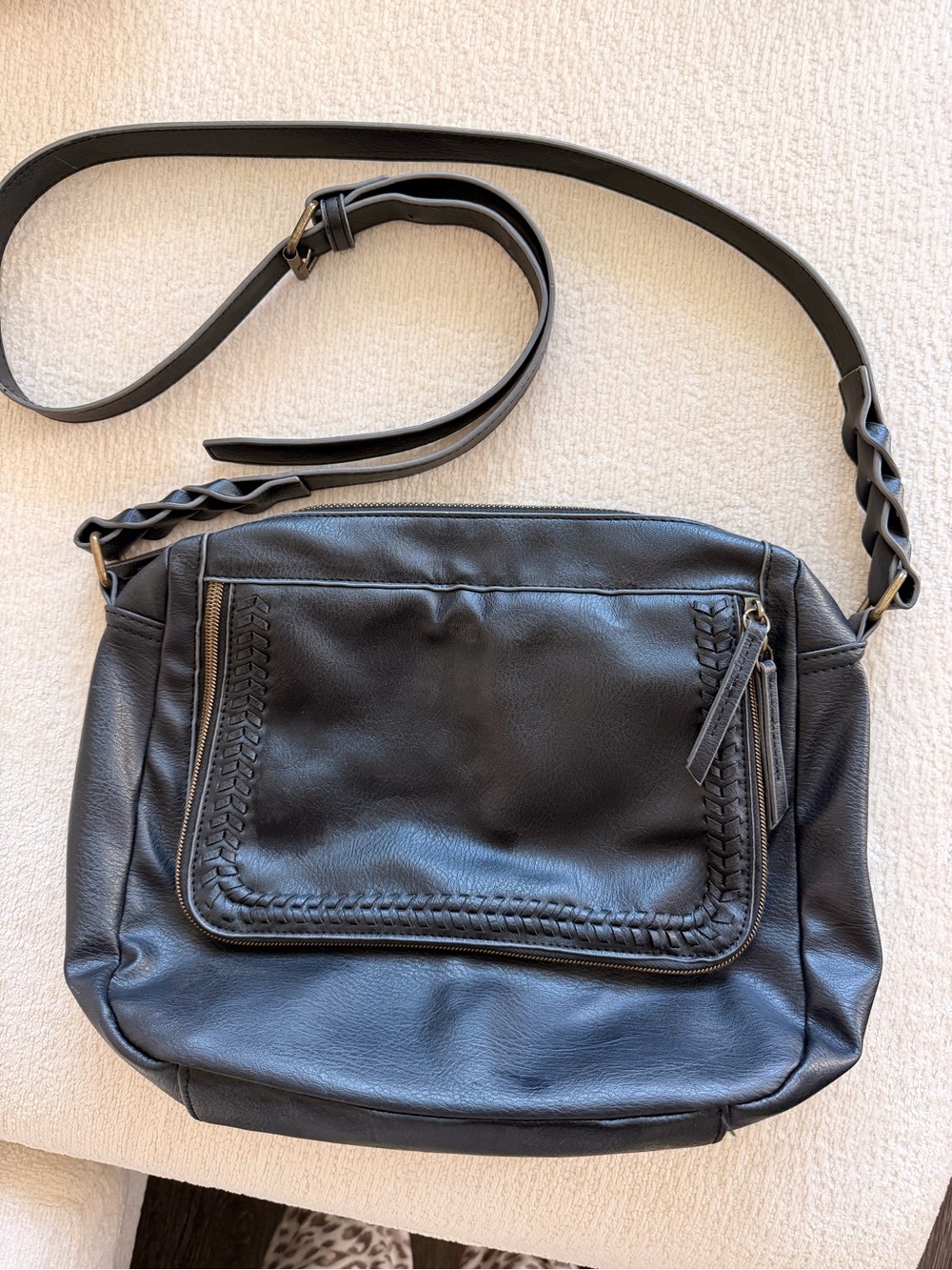 Black Leather Crossbody Bag with Woven Trim - Unbranded